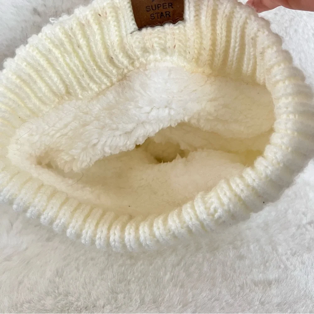 Cream Knit Beanie Super Star Faux Fur Lined Winter Warm Hat Women